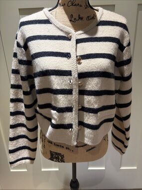 Striped Crewneck Button-Front Blazer Jacket - Cream & Black